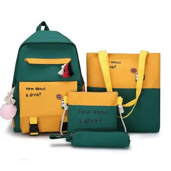 

4pcs Canvas Patchwork School Backpack Rucksack Shoulder Bags Pencil Case Set