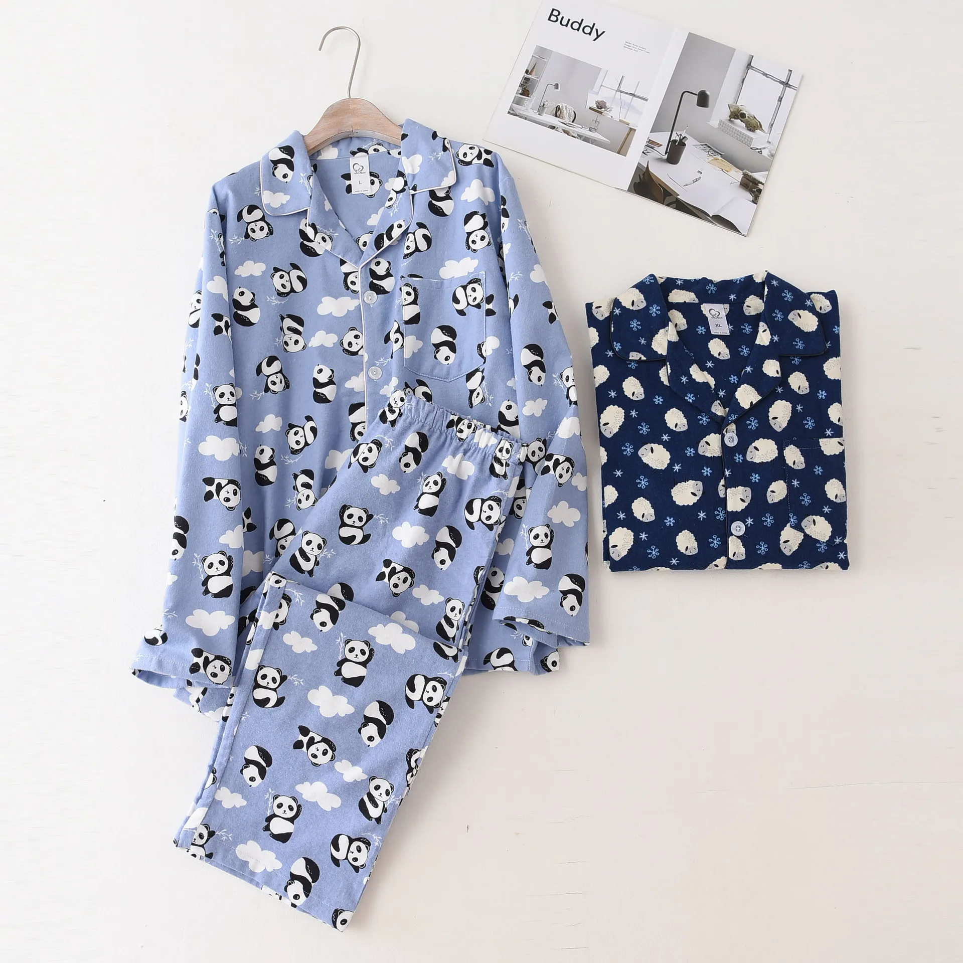 

Mens Pajamas Cotton Long Sleeves Men Sleepwear Winter Lapel Cardigan Cartoon Sleeping Suits 100% Cotton Plus Size Mansleepwear