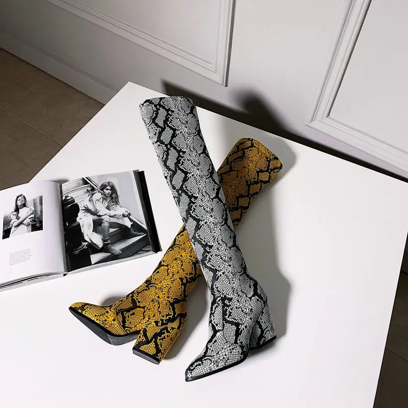 New brand fashionable women's over-the-knee boots chunky heels stretch boots European serpentine boots warmth size 34-43