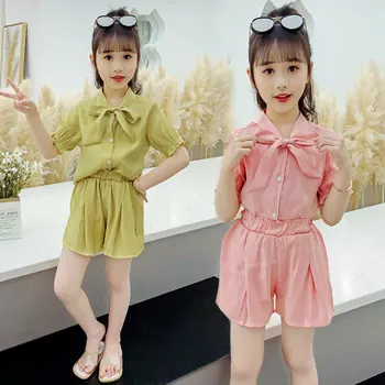 

Girls Clothes Set Summer Bowtie Shirt Tops + Shorts 2PCS Children Outfits For Girls Teen Kids Girls Clothes 8 10 12 13 Years Old