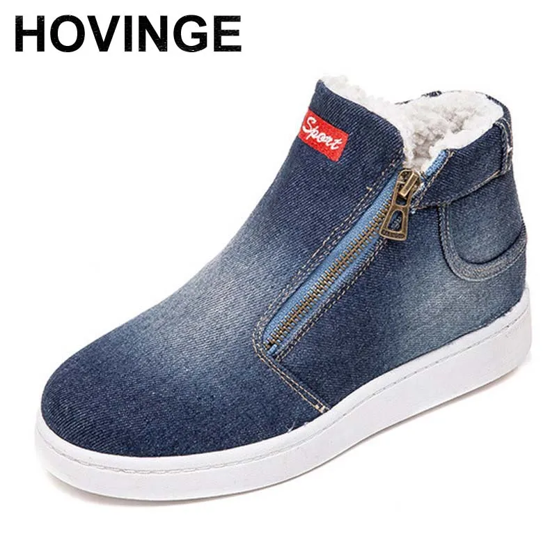HOVINGE Canvas Women Ankle Boots Wedges Solid Shoes Woman Winter Warm Platform | Обувь
