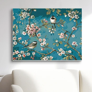 

Flower Bird Canvas Painting Green Poster Print on Canvas Digital No Frame DIY Acrylic Wall Picture For Home Decoration Art
