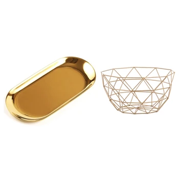 

1 Pcs Gold Metal Art Snacks Candy Fruit Basket for Living Room Desktop Kitchen Organizer Basket & 1 Pcs Metal Storage Tray Gold