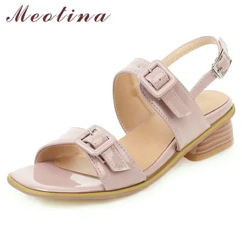 

Meotina Summer Shoes Women Sandals Buckle Thick Heels Party Shoes Patent Leather Open Toe Sandals Lady White Pink Big Size 34-43