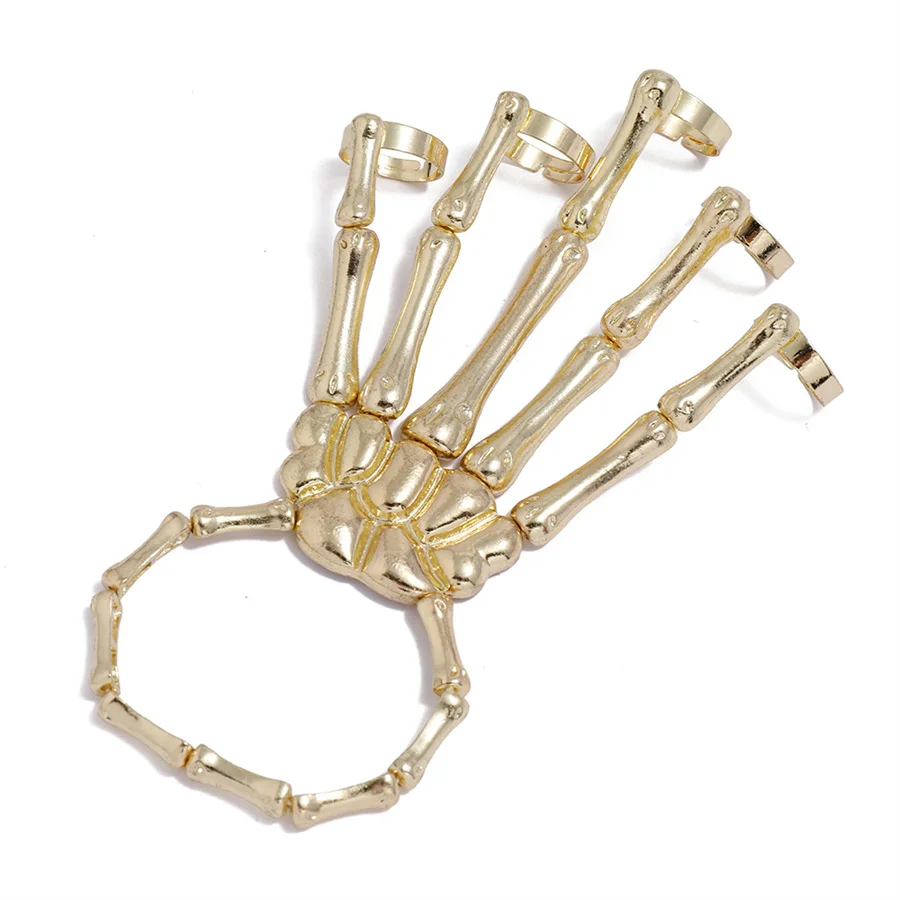 New Unique Punk Skeleton Hand Bone Versatile Five Finger Ring Bracelet Adjustable One Chain Bracelet Halloween Bracelet Unisex
