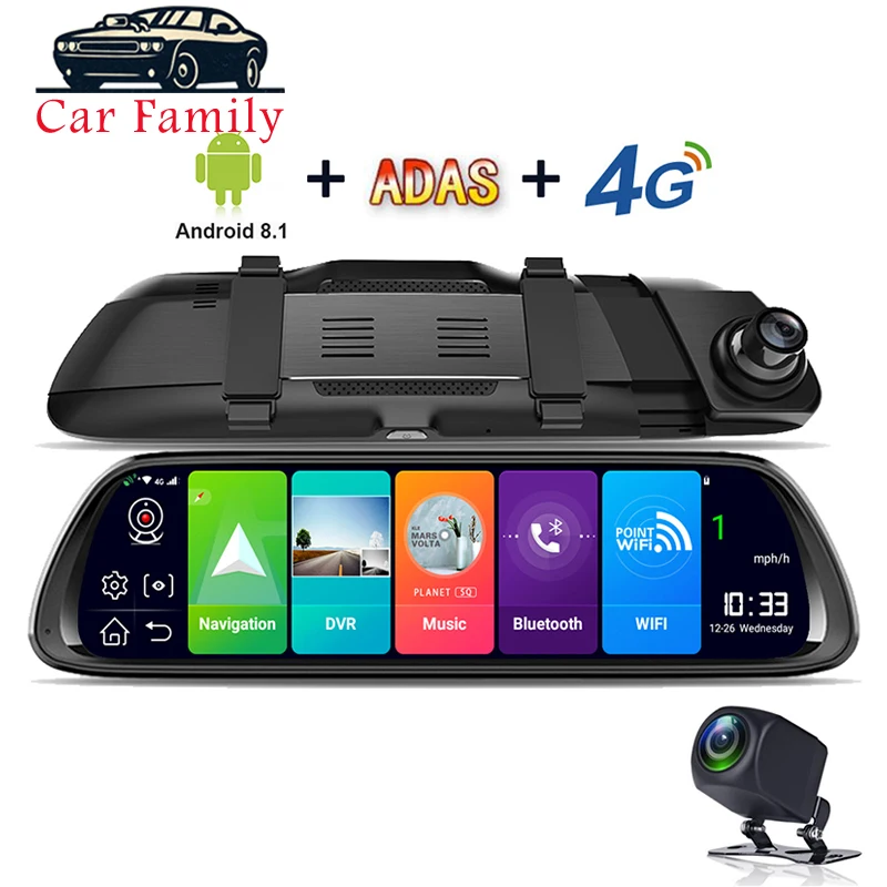 Car Family Dash Cam 10 Inch IPS Touch Screen Android Car DVR Rear View Mirror Dual Lens WiFi GPS Bluetooth Night Vision G-Sensor