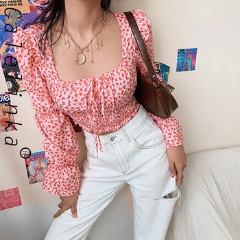 

Calelinka Retro Style Butterfly Print Crop Tops Women Sexy Flare Sleeve Square Collar Tees Autumn High Street T shirt Mujer