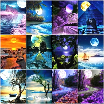 

HUACAN 5D DIY Diamond Painting Landscape Night Moon Cross Stitch Mosaic Daimond Painting Scenery Full Square Home Decor Gift