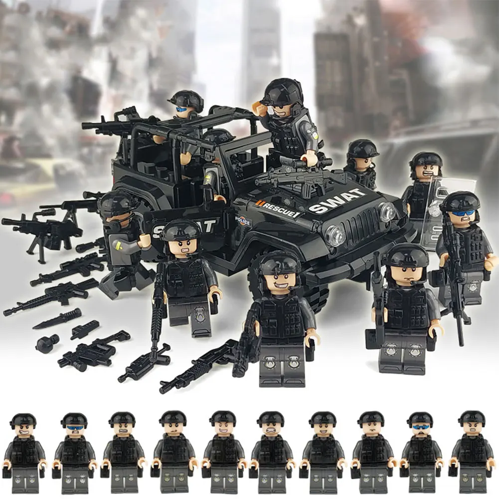 Маленькая частица строительный блок игрушка SWAT Фигурка инструмент разбросанная тележка посылка сумка легко носить с собой черный полицейский с автомобилем