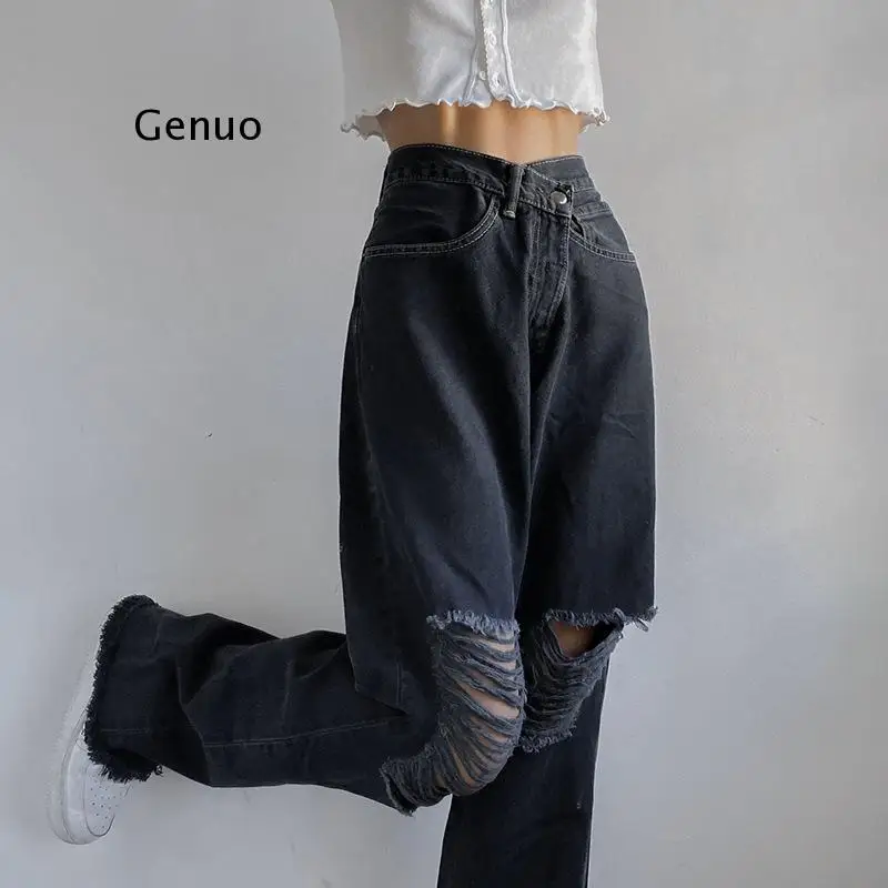 

Baggy Black Boyfriend Jeans Pants Women Ripped High Waisted Denim Pants Capris Vintage Holes Distressed Trousers Y2K