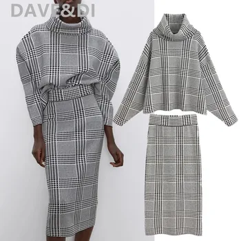 

Dave&Di england office lady simple plaid turtleneck sweaters women pullovers tops skinny midi skirt women faldas 2 piece set