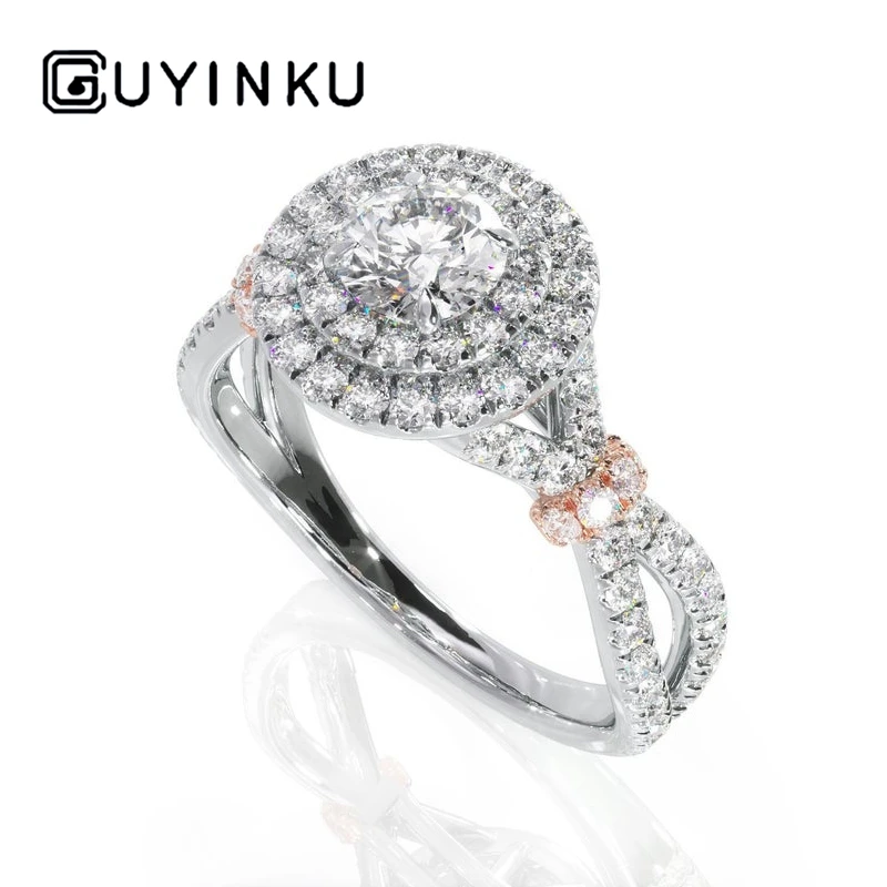 

GUYINKU 14K White and Rose Gold Two Tones Center 0.8ct 6mm EF Color Moissanite Double Halo Engagement Ring for Women Wedding