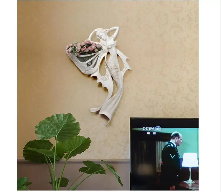 European Reisn Angel Character Wall Vase+ Artificial Flower Set Crafts Home Livingroom Wall Hanging Decoration Hotel Wall Mural