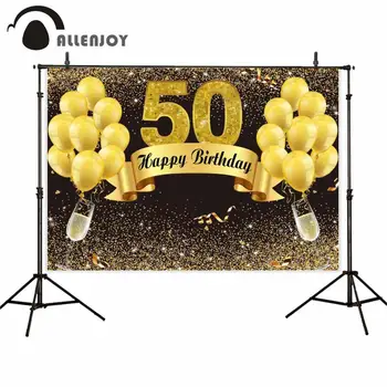 

Allenjoy 50th Happy Birthday Backdrops Glitter Golden Balloons Ribbon Wine Glass Photozone Banners Party Celebration Supplies