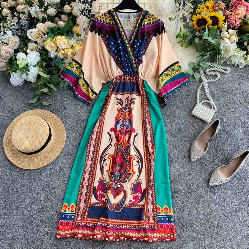 Beach Dresses 2020 Boho Chic Dress Summer Holiday Sundress Vintage Printed V-Neck Long Bohemian For Women Vestidos DD2530 | Женская