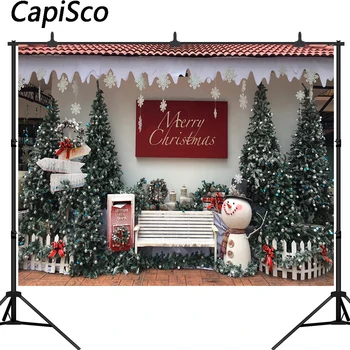

Capisco Photography Background Merry Christmas Tree Gifts Bench Snowman Family Portrait Photographic Backdrop Photo Studio prop