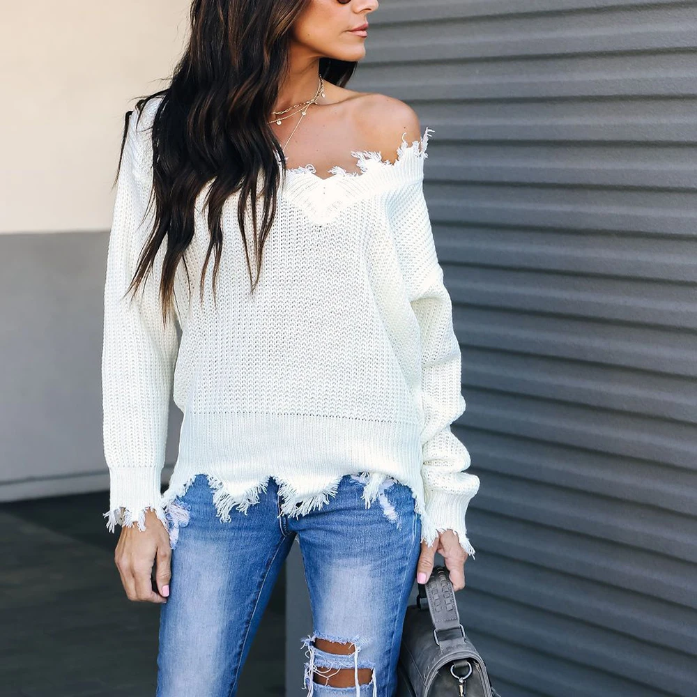 

BIUBIU Sexy Kntted Sweaters Women Pullovers 2019 Autumn Winter Long Sleeve Sweater Short Deep V White Yellow Sweater pull femme