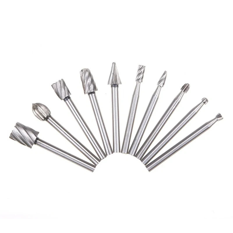 10pcs/set 3mm HSS Rotary Routing Router Bit for Burr Milling Cutter Carving Machine High Speed Steel Woodworking Engraving Tool