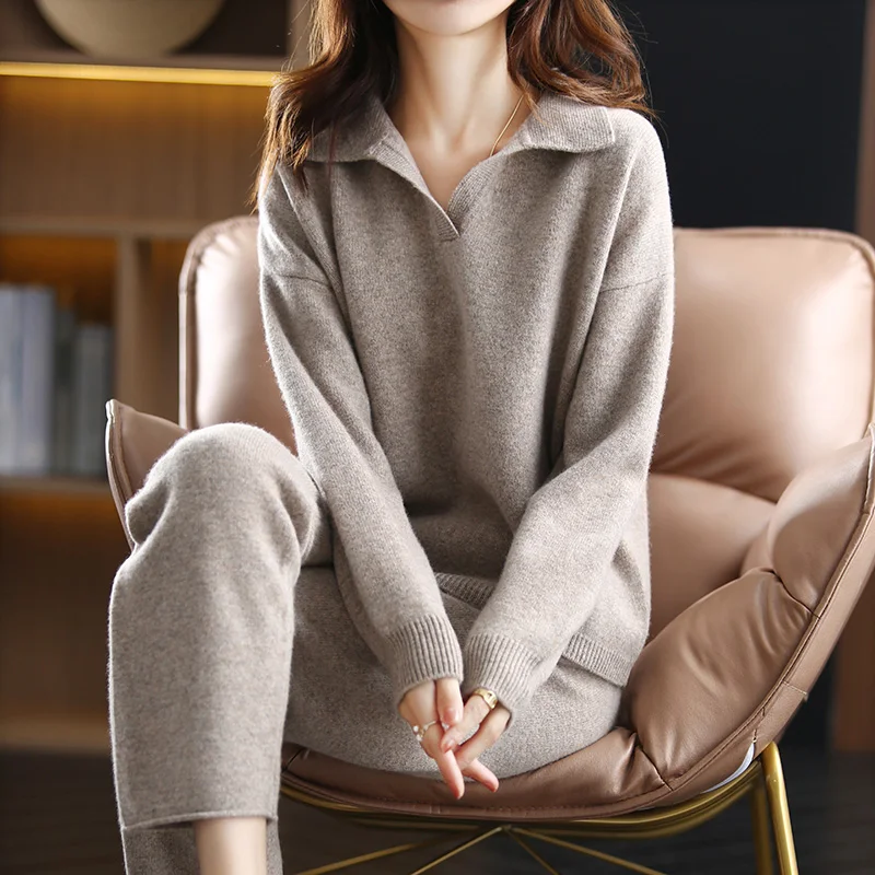 2021 Autumn and Winter 100% pure wool Suit Women Loose Lapel Sweater Wide Leg Pants Fashionable Knitted Wool Two-piece Warm |