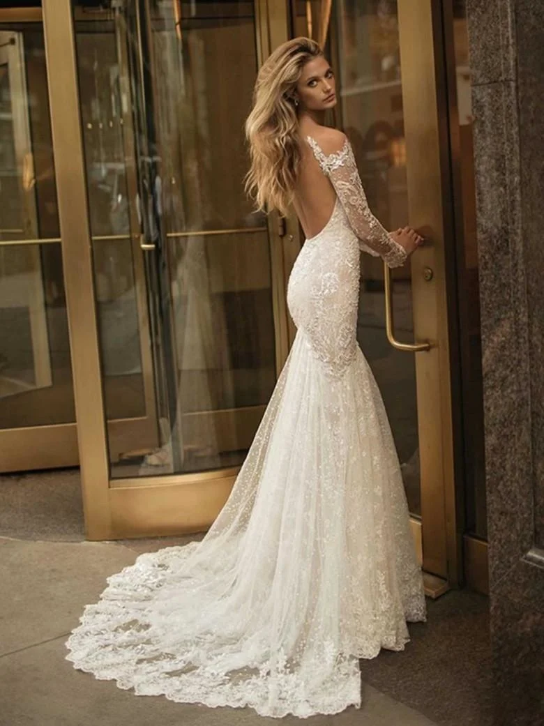 2021 Berta Backless Mermaid Wedding Dresses With Long Sleeves Dress V-Neck Lace Appliqued Trumpet Bridal Gowns Sweep Train Country
