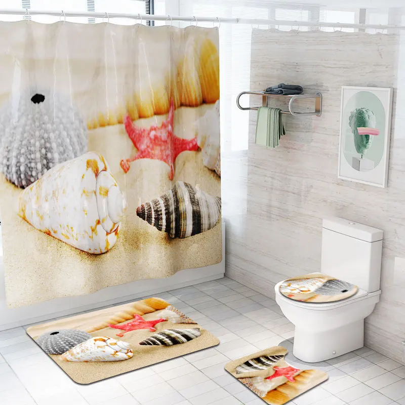 Sandy Beach Conch Printed Bath Mats Set Bathroom Home Decoration Bathroom Bath Mat and Shower Curtain Set Non Slip Toilet Mat