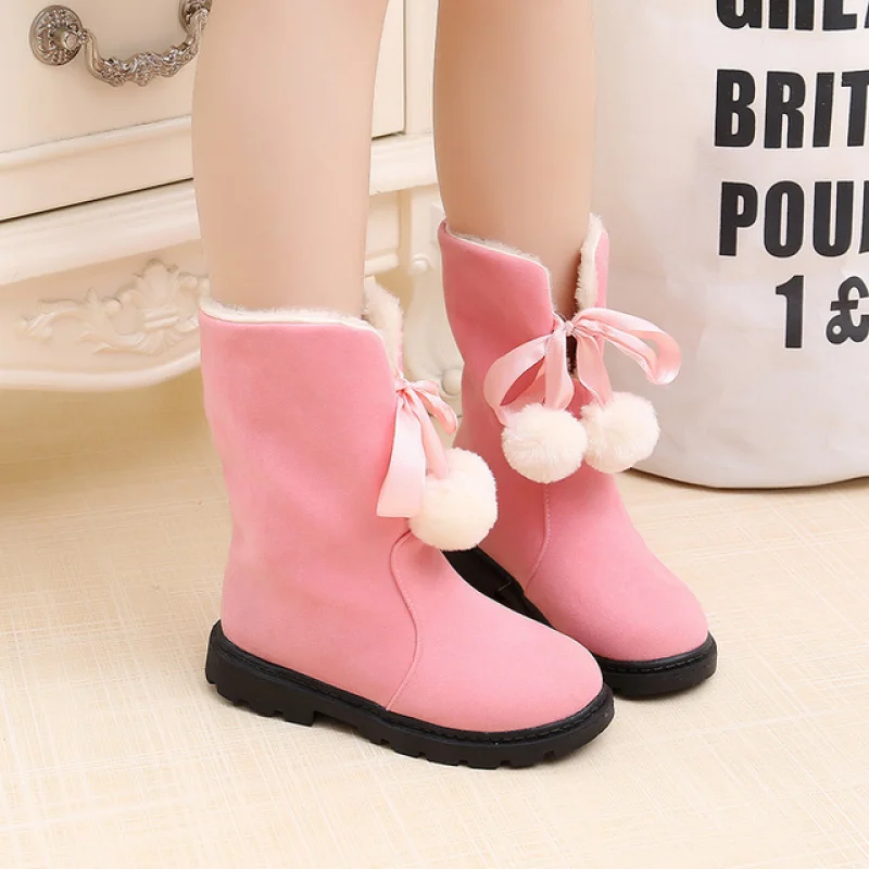 Осенние и зимние ботинки для девочек, детские ботинки, ботинки принцессы для родителей и детей, шерстяные зимние ботинки с помпонами, детская обувь, женская плюшевая обувь - Цвет: Pink
