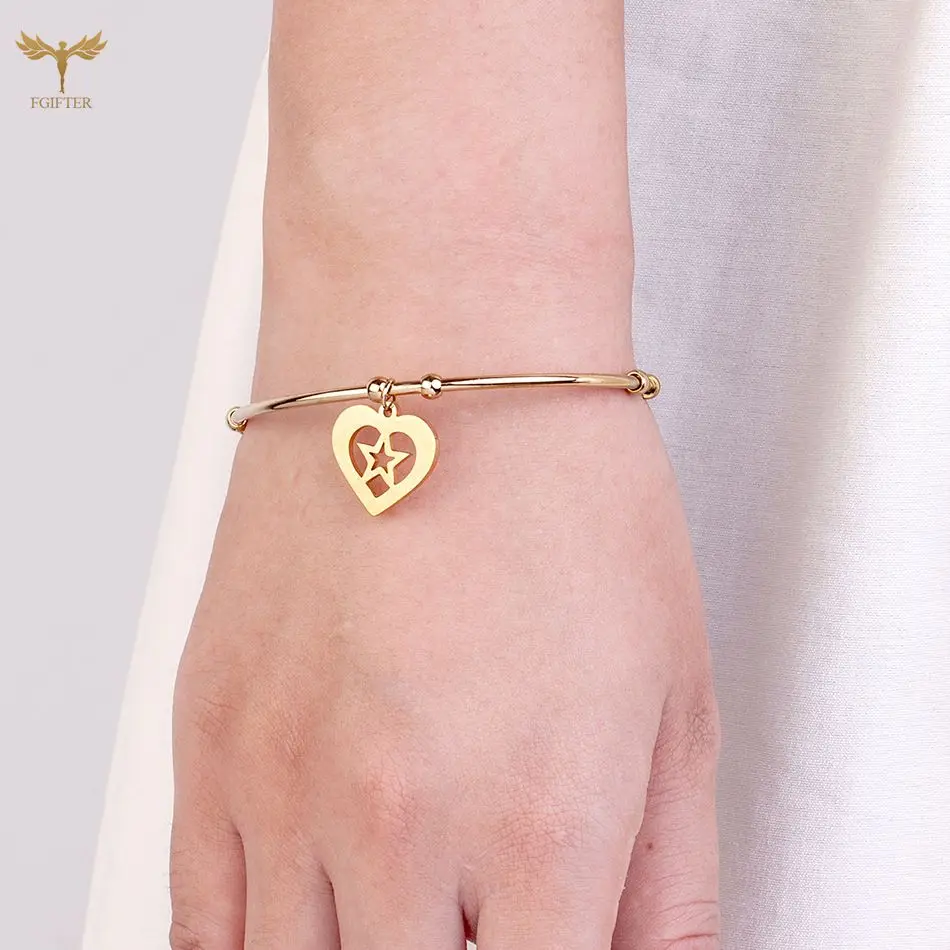 Star Heart Charms Hanging Cuff Bangle Golden Stainless Steel Jewelry Women Bracelet With Pendant Girlfriend Wife Couple Gift