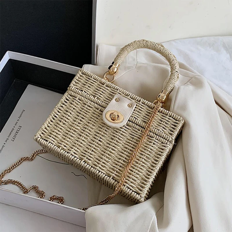 

Elegant Straw Woven Square Bags For Women Box Shape Women Shoulder Bags Straw Weave Women's Handbags Chain Females Messenger Bag