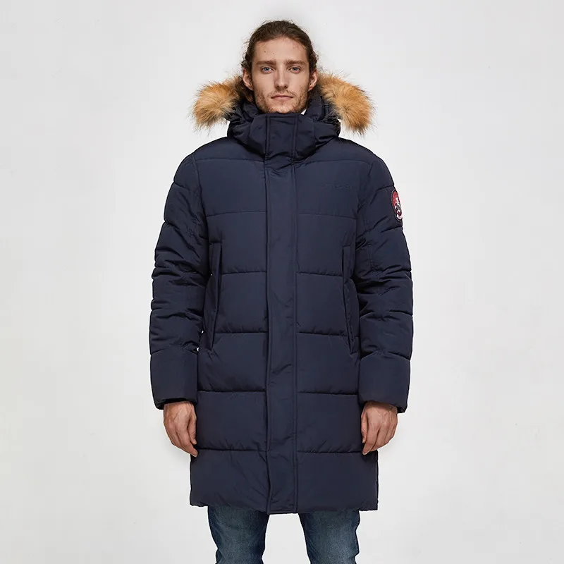TIGER FORCE, Мужская парка, зимняя куртка, Мужская длинная куртка Аляски, пальто с капюшоном из меха енота, зимняя мужская куртка, толстая водонепроницаемая верхняя одежда - Цвет: Dark Blue
