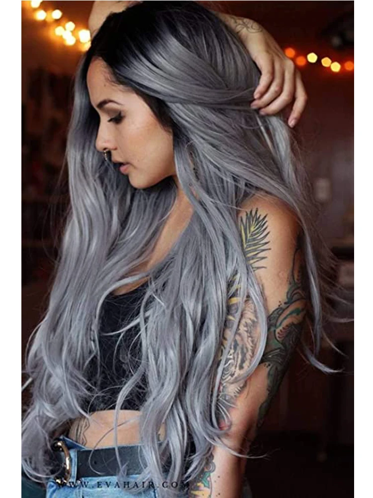 

Wholesale synthetic lace front wig grey wig ombre lace front wig black roots to grey long straight wave wigs for women cosplay