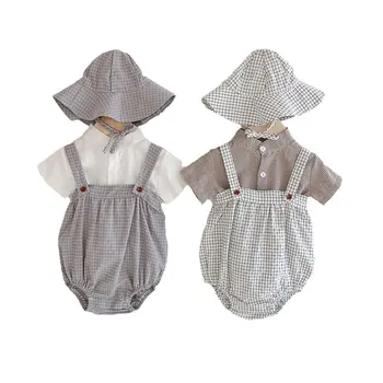 

2020 Summer Ins Hot Selling Cotton Plaid Strap + Sun Hat + Short-Sleeved Shirt Baby Girl Three-Piece Suit