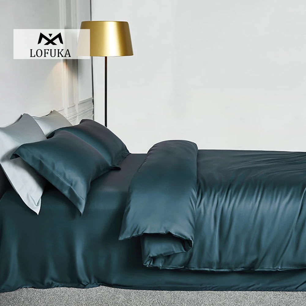 

Lofuka Luxury Dark Blue 100% Silk Bedding Set Queen King Flat Sheet Fitted Sheet Pillowcase Beauty Silky Quilt Cover For Sleep