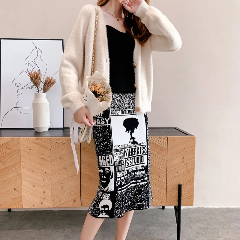 Women's Skirt Knitting embroidery Autumn Letters Knit Thick Soft Pencil Skirts Students Japan Woman Faldas Female LS149