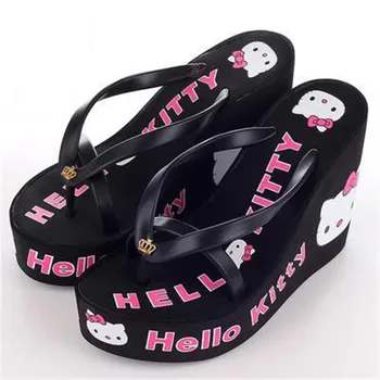 

New Hello Kitty Flip-flops Woman Fashion Beach Wedges Slides Sexy High-heeled Sandals Elegant Woman Rubber Slippers