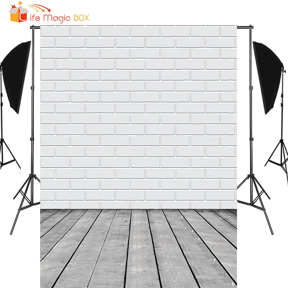 

Seamless Vinyl White Brick Wall Backdrops Dark Wood Floor Birthday Photography Backgrounds Wedding Newborn Props