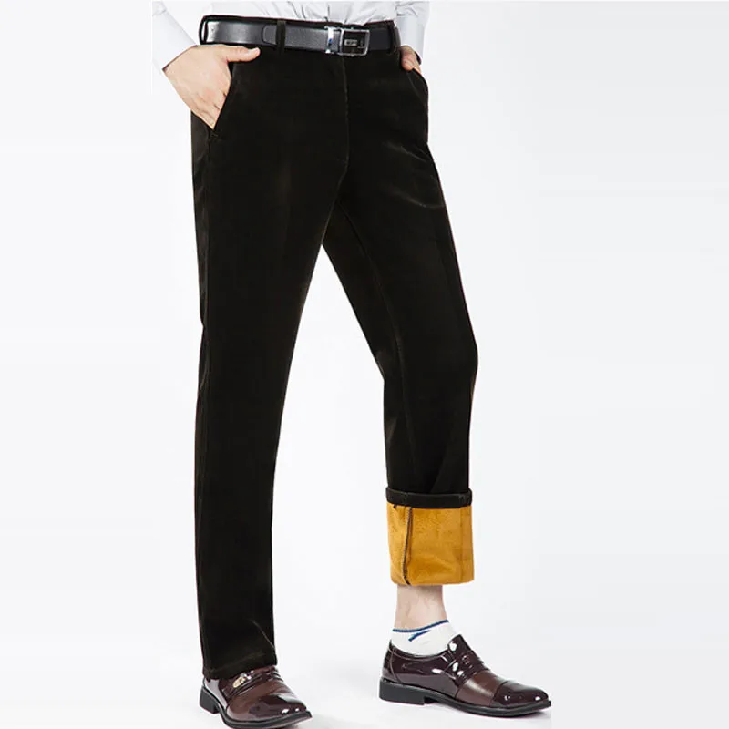 Зимние мужские вельветовые брюки плюс бархатные толстые с высокой талией свободные Стрейчевые вельветовые повседневные штаны теплые мужские брюки