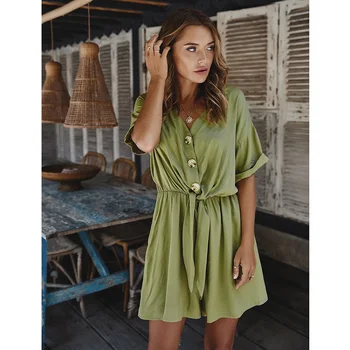 

Women Solid Loose Playsuit V-Neck Button Bow Jumpsuit Casual Summer Beach Holiday Rompers Elastic Waist Belt Buttons Overalls