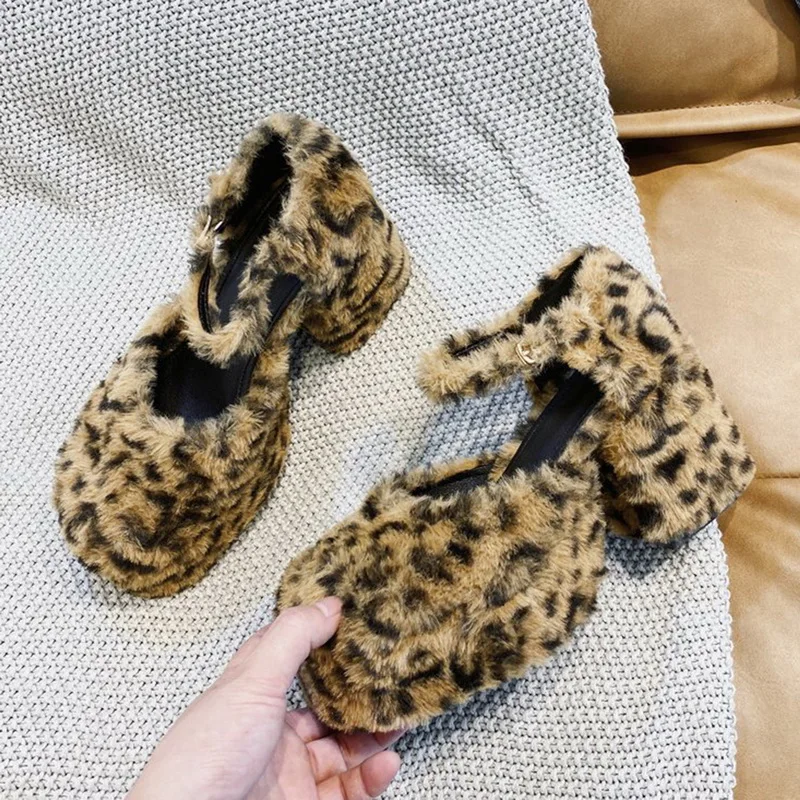 

Leopard High Heels Women Shoes Sexy Round Toe Chunky Heel Waterproof Platform Shoes 2020