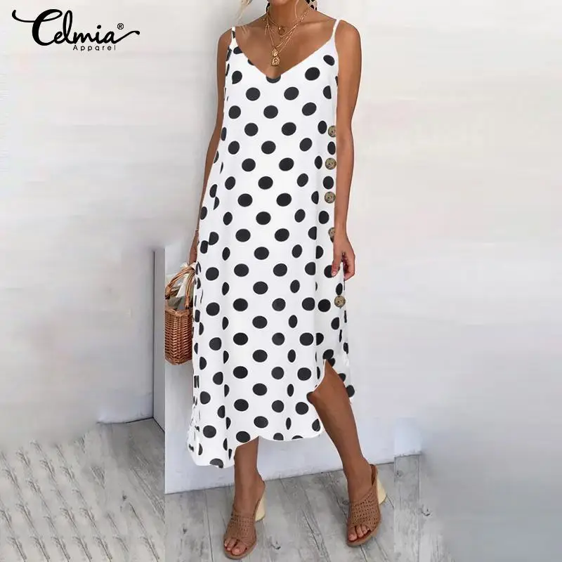 2020 Celmia Plus Size Women Summer Beach Sundress Sexy Spaghetti Straps Polka Dot Dress Casual Button Asymmetric Midi Vestidos 7
