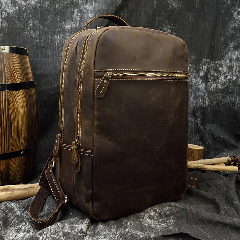 Hot Product  MAHEU Men Genuine Leather Backpack Double Zipper Laptop Bagpack Vintage Cow Leather School Bag High