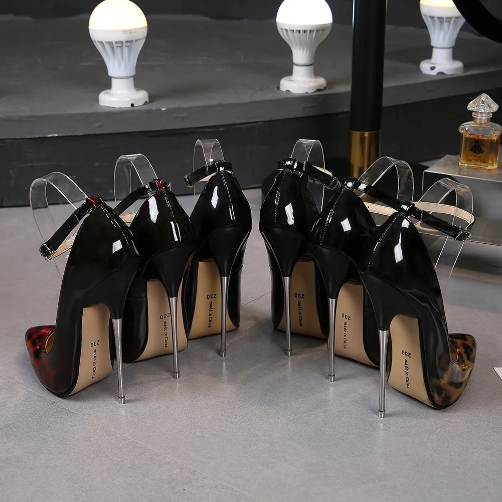 Одиноков женская обувь на высоком каблуке с леопардовым принтом из лакированной кожи Острый носок Для женщин Туфли на каблуке 16 см, шпильки Ремешок на щиколотке классические лодочки