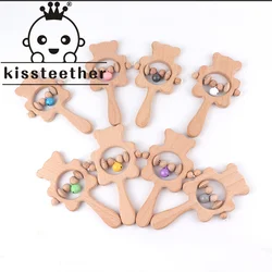 Kissteether sonajero de oso de haya para bebé, juguete mordedor de dientes molares para bebé, sonajero para jugar al gimnasio, cochecito Montessori, juguete para regalo