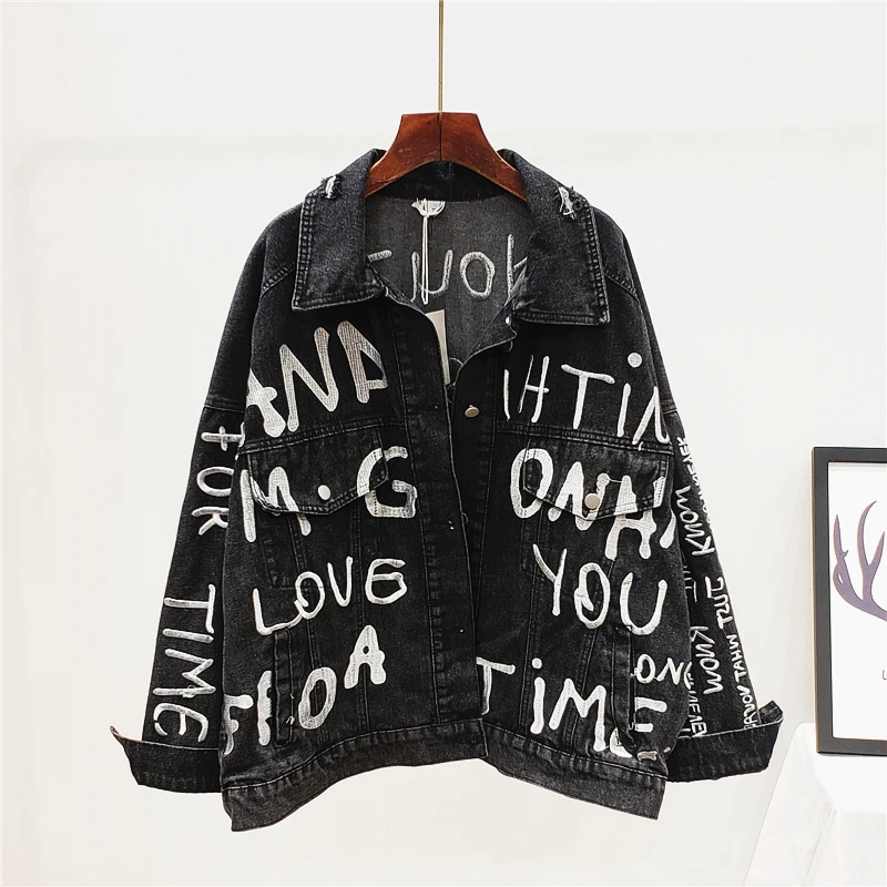

Fashion Letter Embroidery Denim Jacket Coat Women Loose Short Outerwear Autumn Korean Black Blue Jeans Jackets Female Streetwear