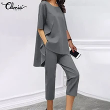 

Women 2 Pieces Set Celmia 2022 Autumn Fashion New Half Sleeve O Neck Tops And Harem Pant Spring Casual Loose Lady Stitching Suit