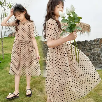 

2020 Summer Kids Girls Clothing New Teenage Girls Cute Polka Dot Dress Sweet Mesh Princess Dresses Elegant Retro Dress