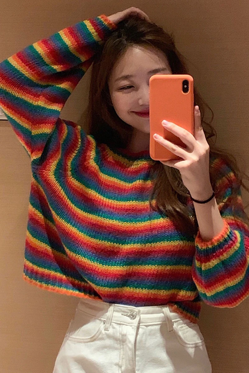 Женские свитера японский Kawaii Ulzzang колледж Ветер Полосатый свободный свитер женский корейский Harajuku Милая одежда для женщин