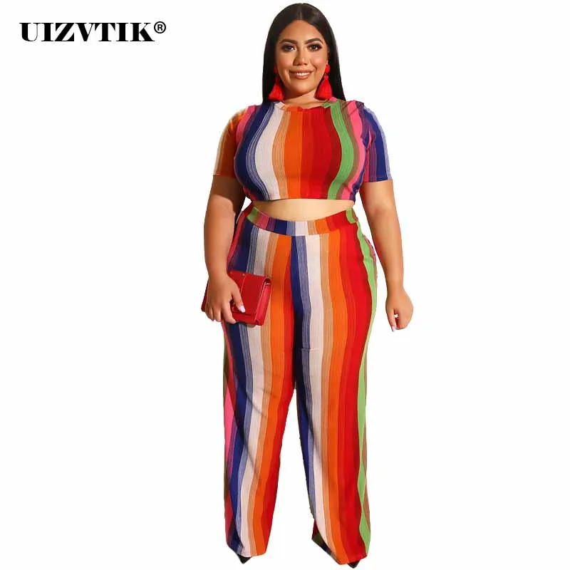 

Summer Two Piece Set Women 2020 Casual Striped Tracksuit Plus Size Slim Crop Top Loose Trousers Sets Oversize Clothes For Women
