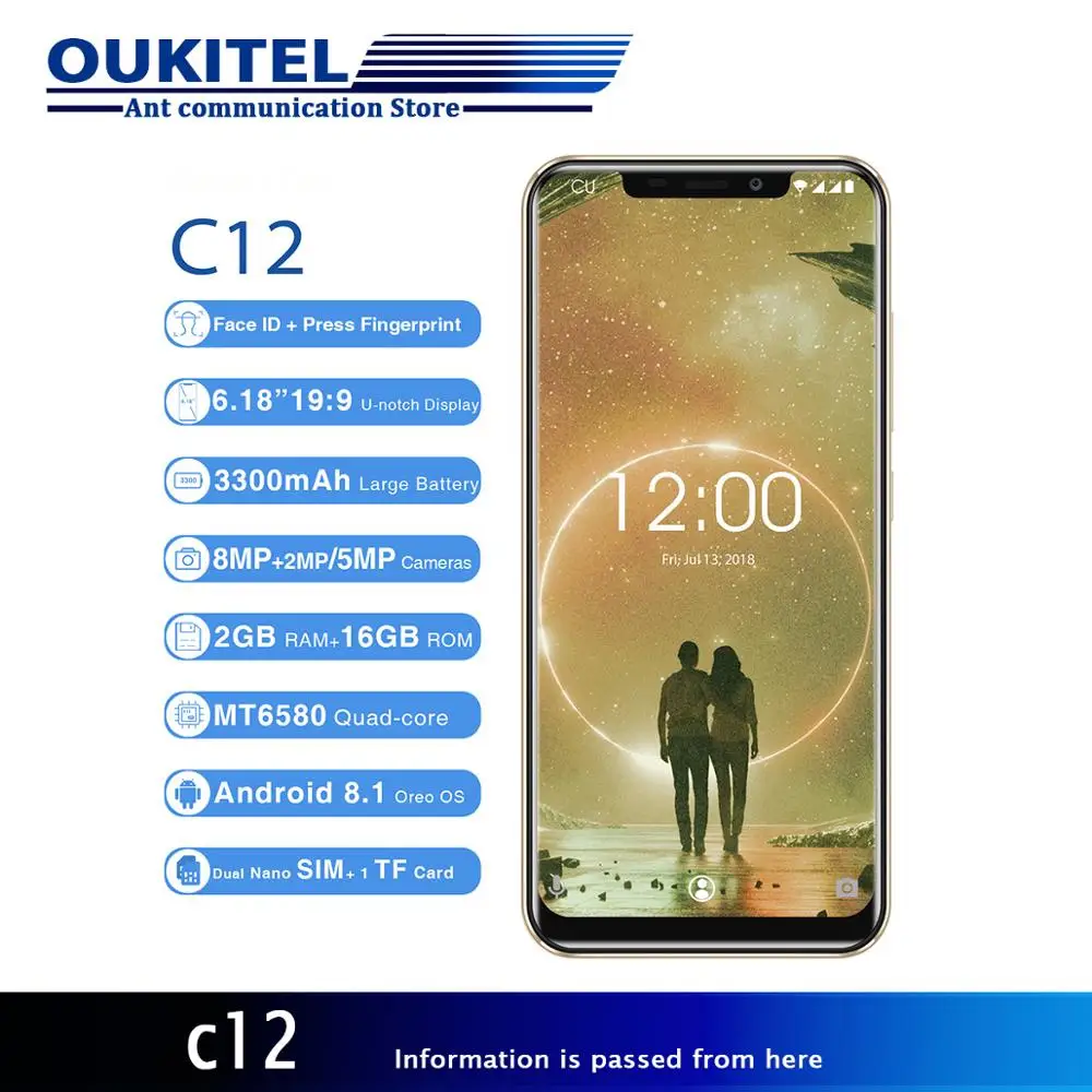 

OUKITEL C12 3G Smartphone 6.18" Quad Core 1.3GHz 2GB+16GB 8MP+0.3MP Face ID Press Fingerprint Mobile Phone Android 8.1 MT6580