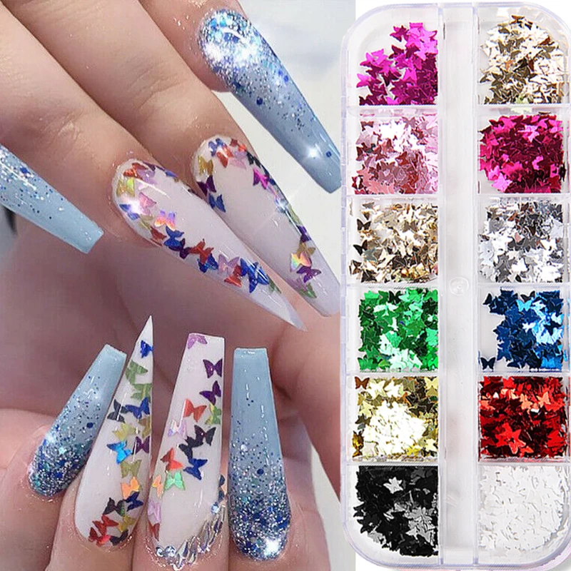 

12 Grids/Set Colorful Nail Glitter Paillette Butterfly Nail Sequins Tips Nails Nail Art Decoration Sparkling Manicure Decor