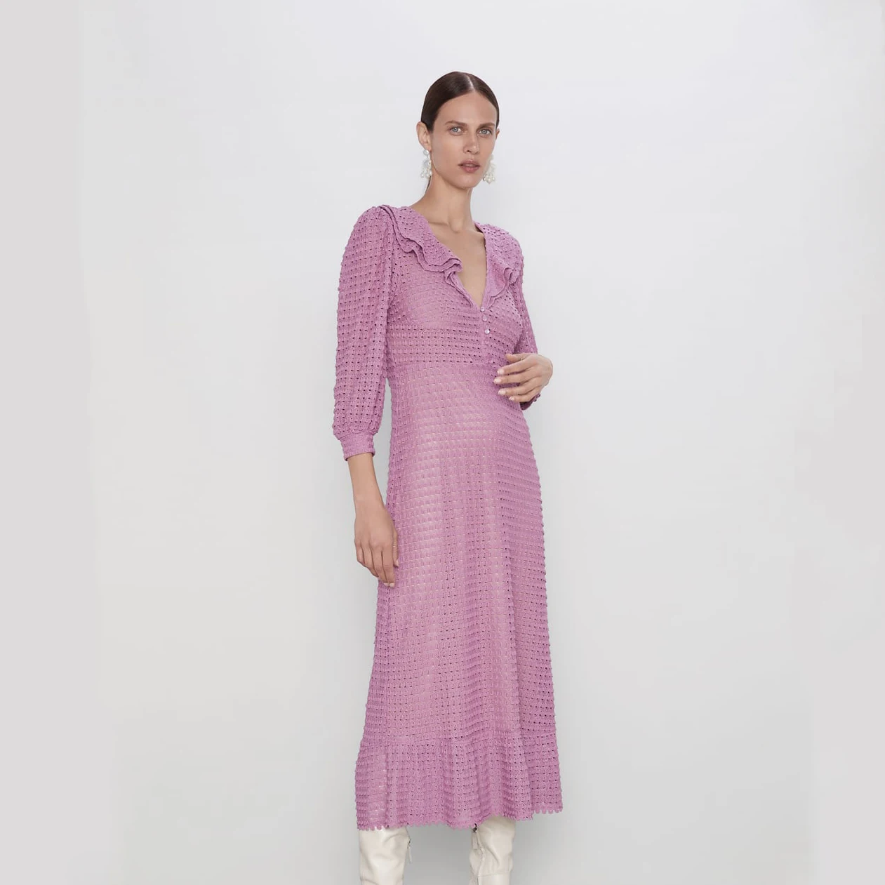 

2019 ZA Trendy Elegant Solid Ruffled Maxi Dress Women Autumn Fashion Purple Casual Straight Dress Female Fall Clothing Outwear